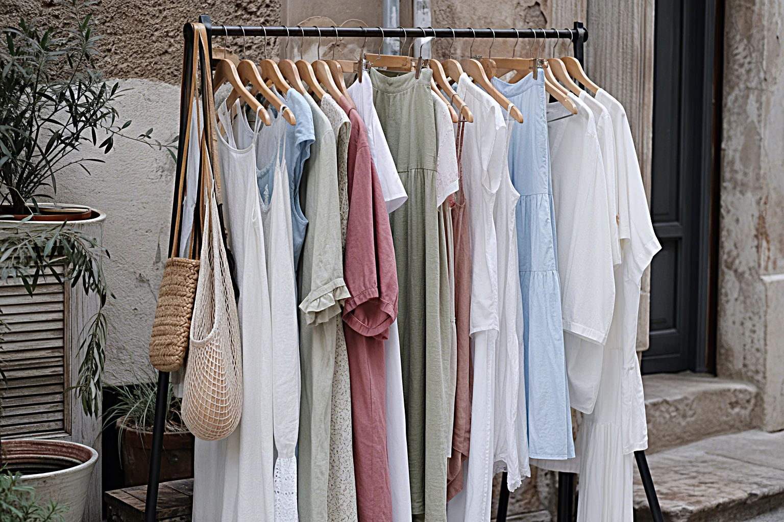 Sommerliche Damenmode auf einer Kleiderstange im Freien, leichte Stoffe in hellen Farben