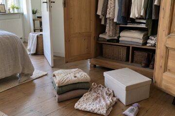 Offener Kleiderschrank mit gefalteten Pullovern und Aufbewahrungskiste auf dem Boden